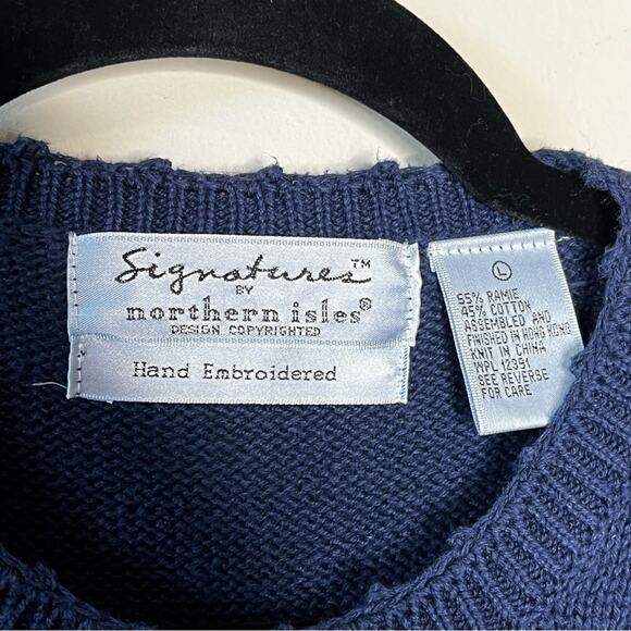 VINTAGE hand embroidered crazy cat lady short sleeve navy sweater size large - Picture 4 of 4